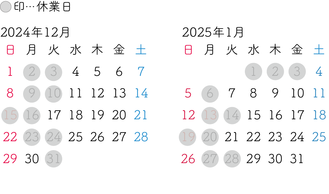 ヘアーメイクAi 2024.12月 2025年1月 営業カレンダー